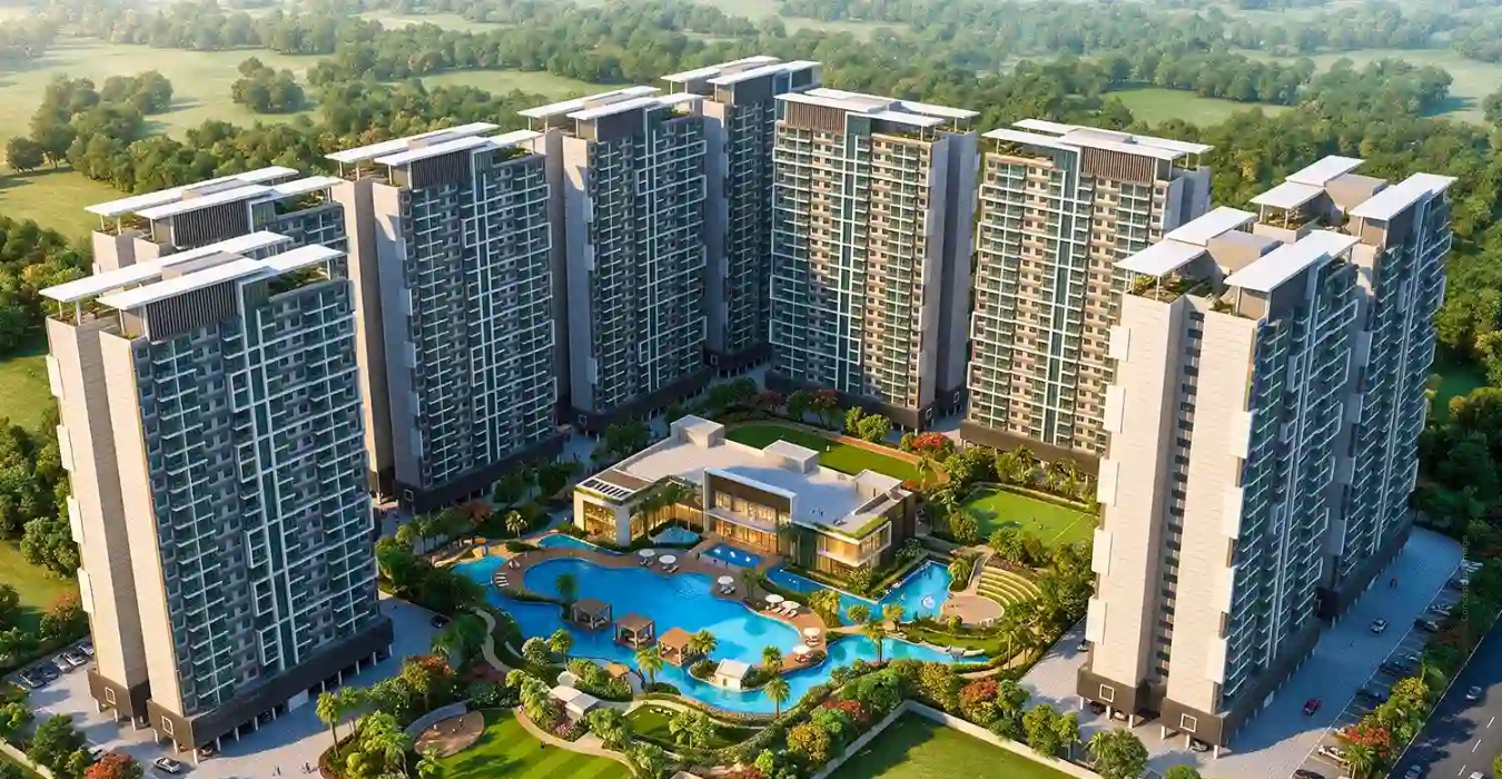 Artistic impression: aerial view of the New Beginnings towers, clubhouse and pool, Kharadi, Pune