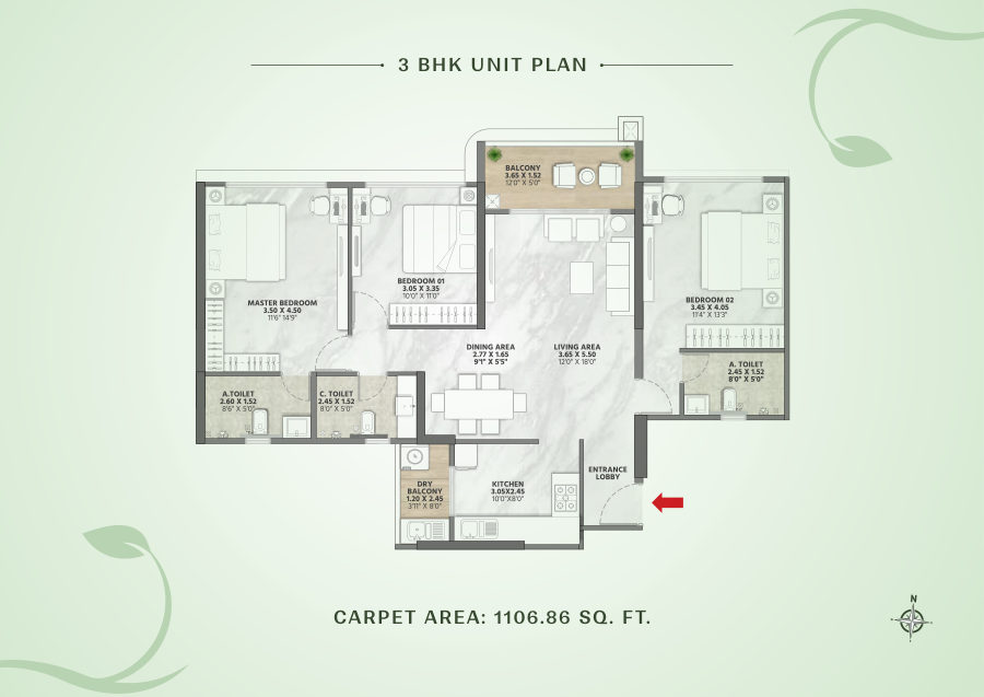 3 BHK unit plan preview